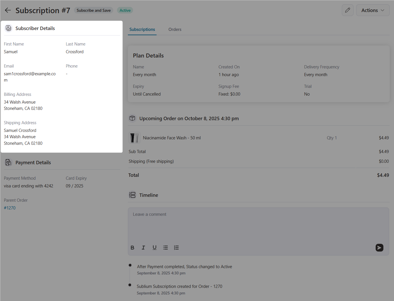 subscriber details inside sublium woocommerce subscription profile