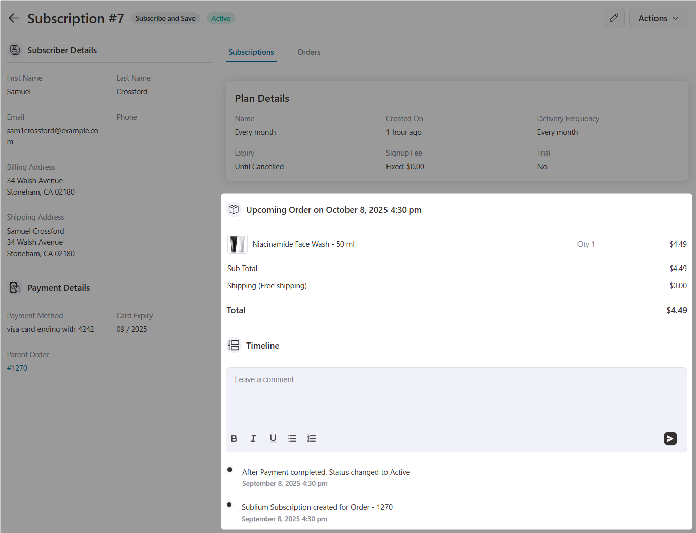 upcoming order and activity timeline inside sublium woocommerce subscription profile