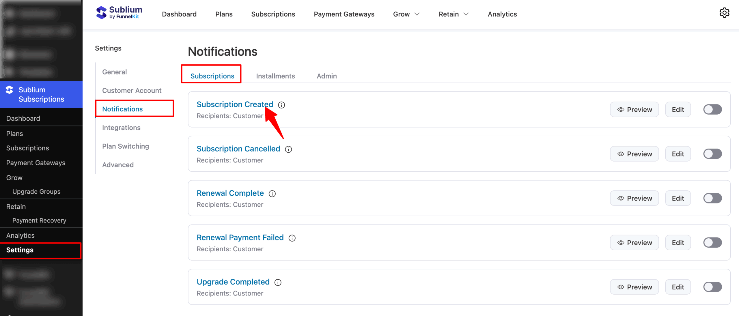 Navigate to Sublium Subscriptions ⇒ Settings ⇒ Notifications. On the “Subscriptions” tab, you will find the “Subscription Created” email notification.