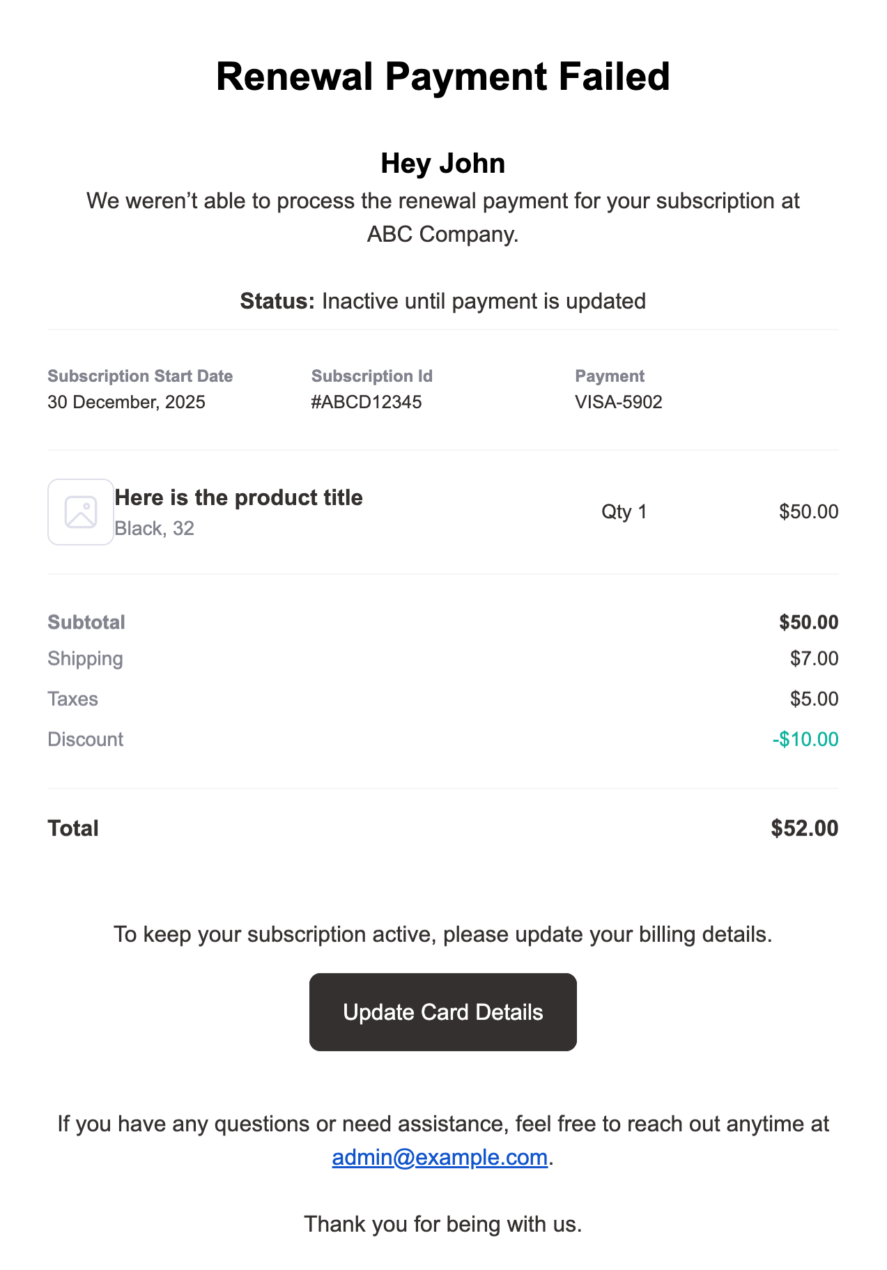 Renewal Payment Failed visual builder template