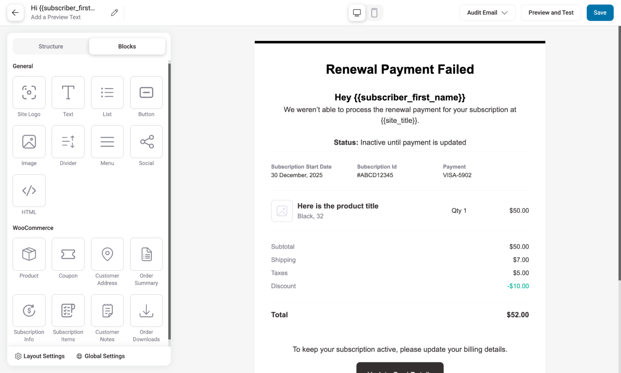 Renewal Payment Failed visual editor
