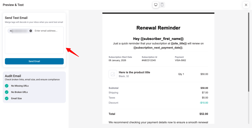 send test Renewal Reminder email notification