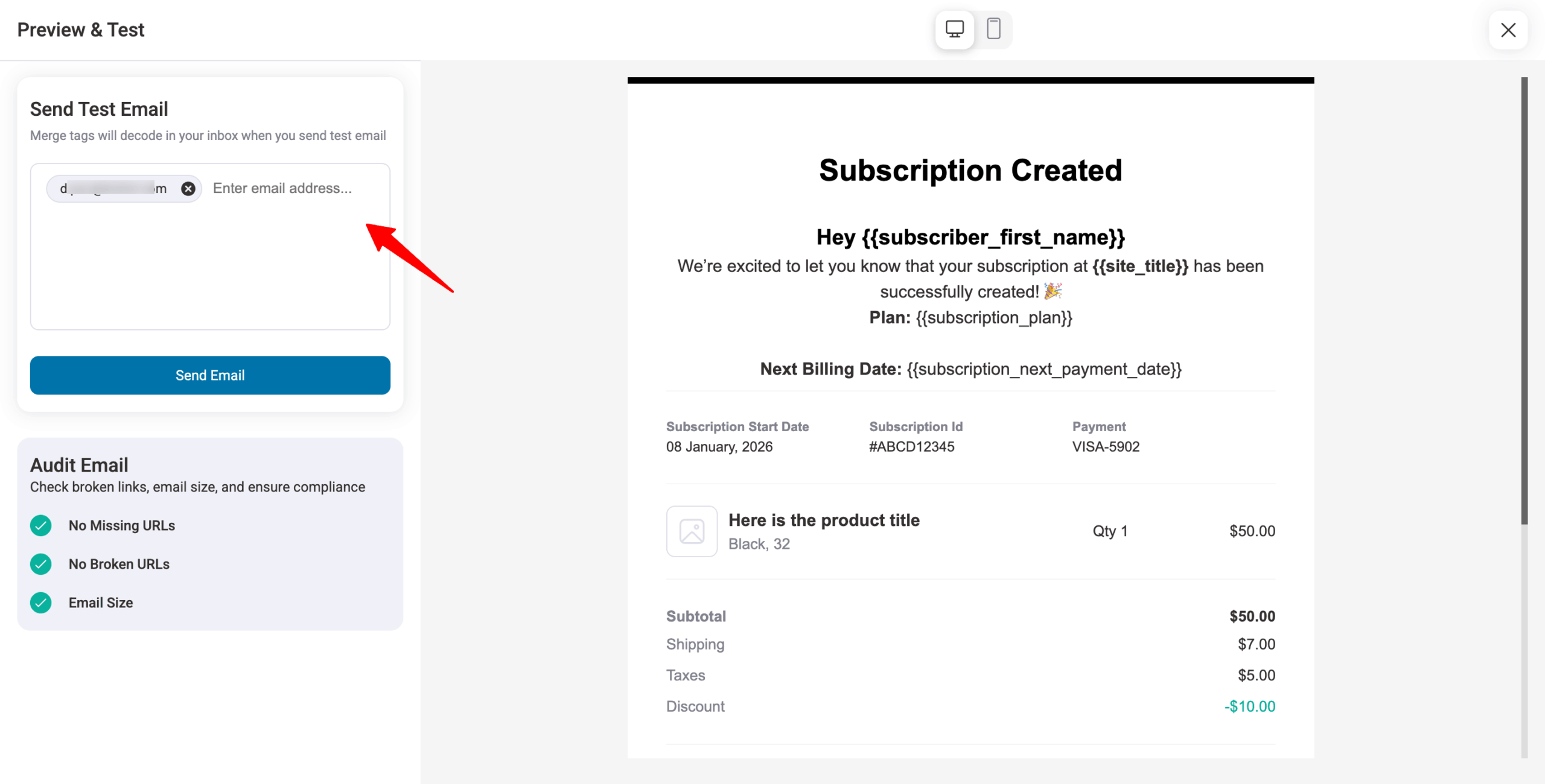 Send test email for subscriiption created email