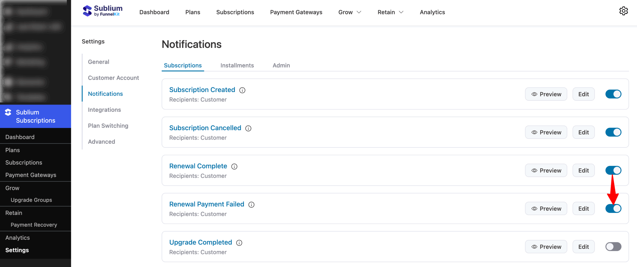 To activate the “Renewal Payment Failed” email,turn ON the toggle next to the notification in your Sublium Subscriptions settings.