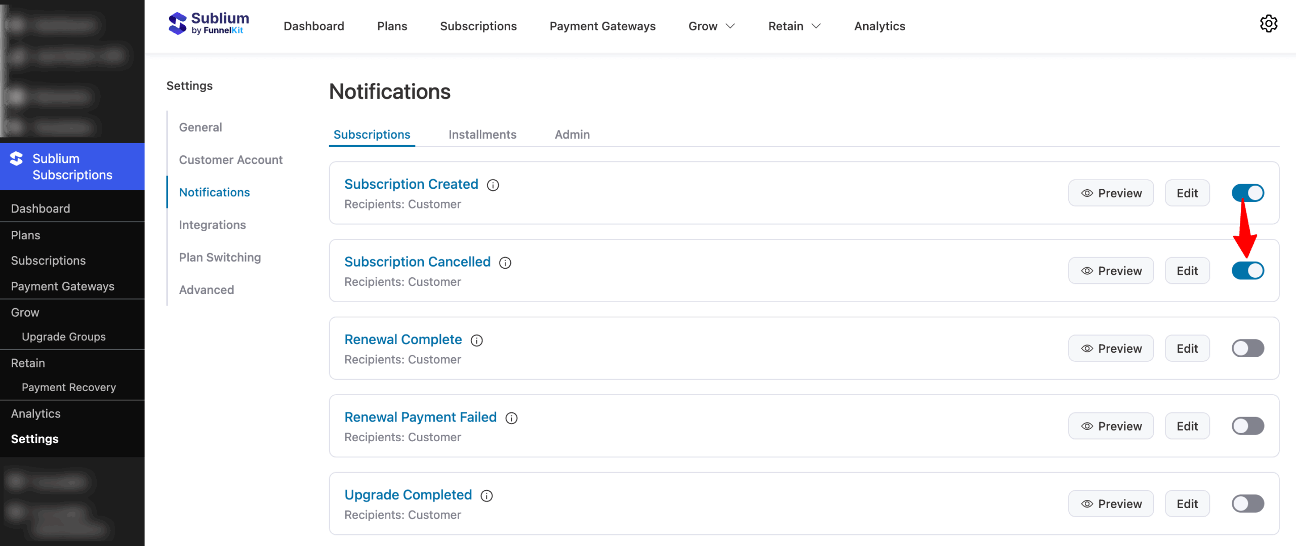 To activate the “Subscription Cancelled” email, turn ON the toggle next to the notification in your Sublium settings.