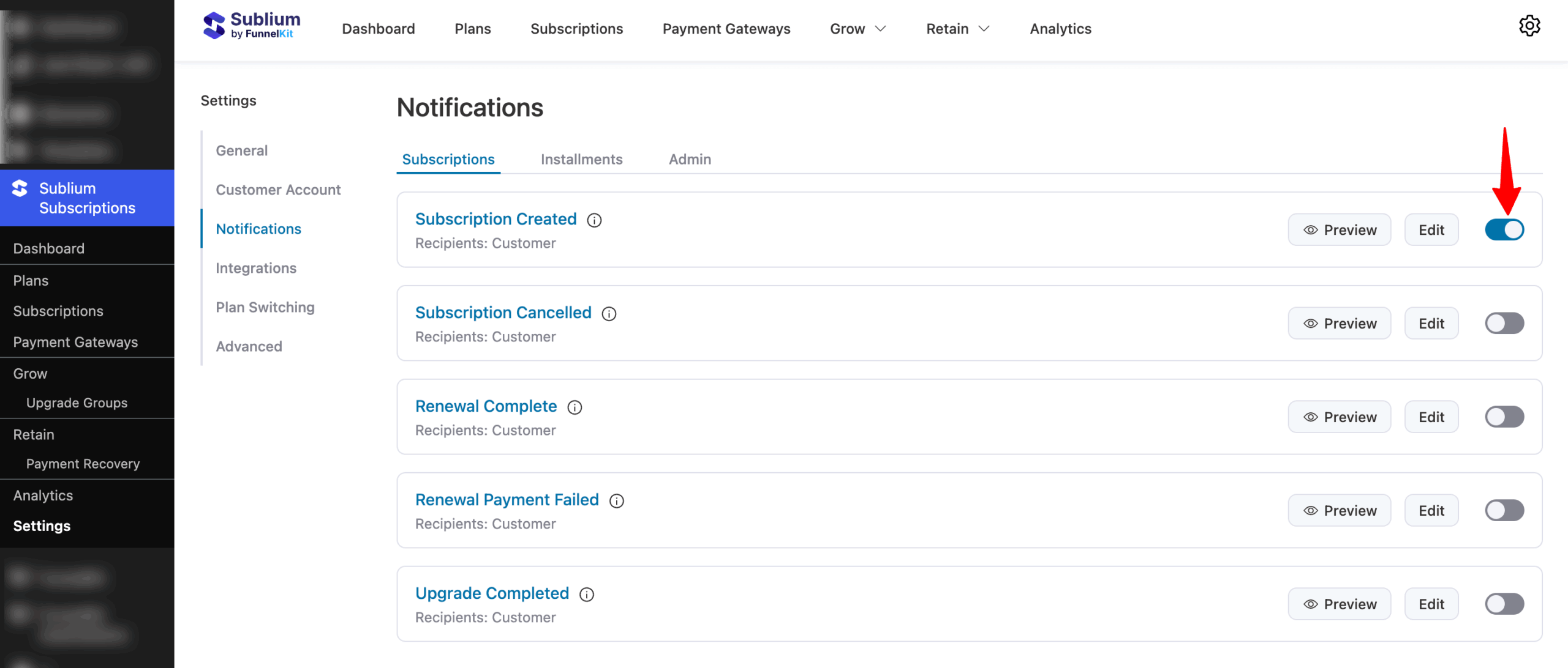 To activate the “Subscription Created” email, turn on the toggle next to the email notification.