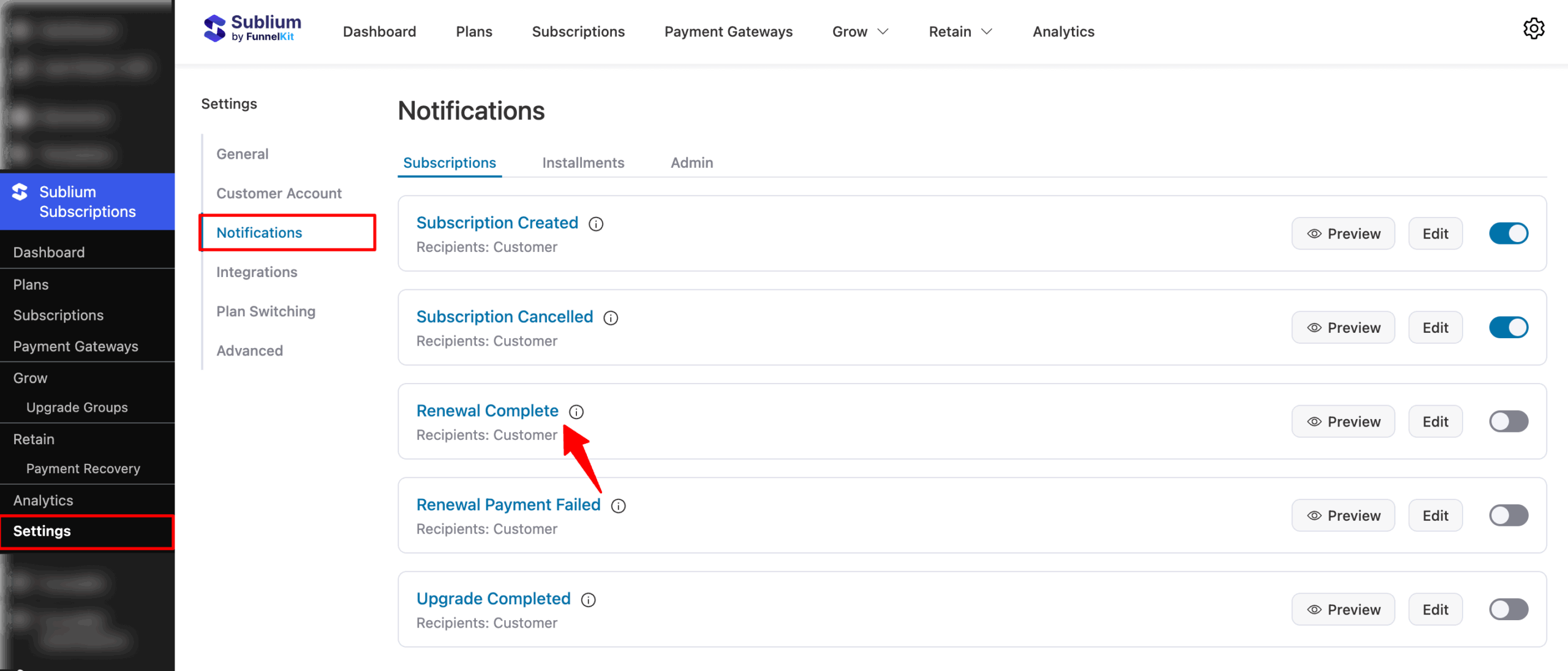 Under the Subscriptions tab, you will find the Renewal Complete email notification
