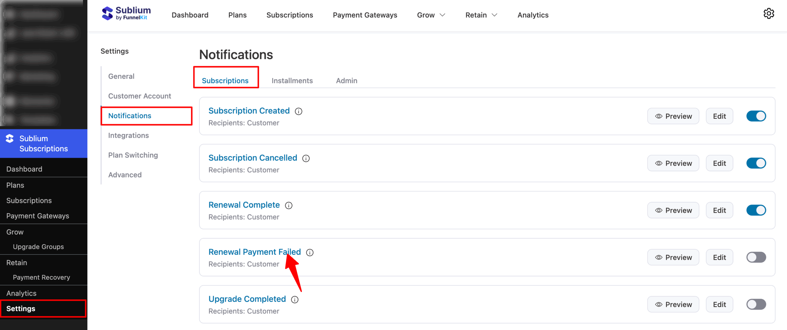 Under the Subscriptions tab, you will find the Renewal Payment Failed email notification.