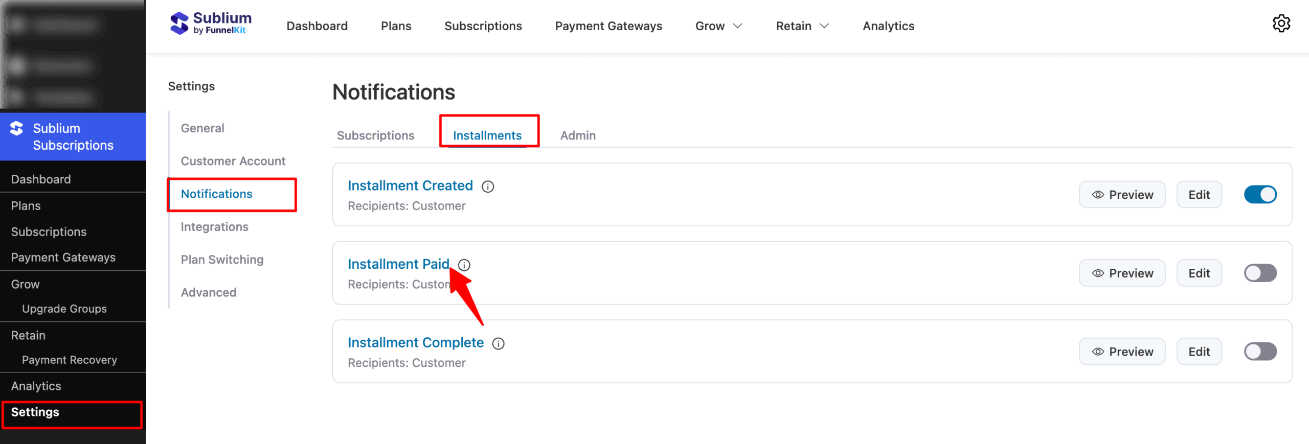 access Installment Paid email notification