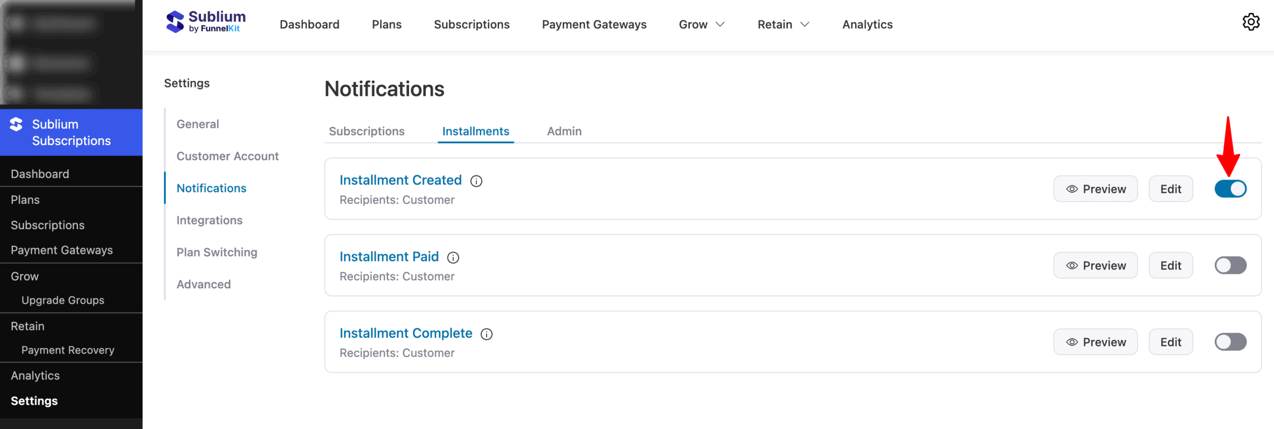 activate installment Created email notification