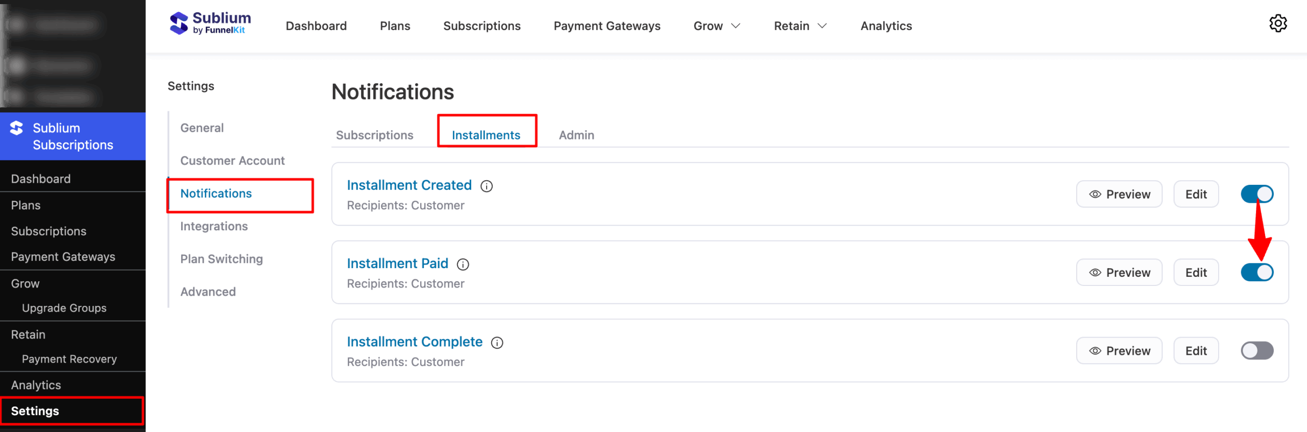 activate Installment Paid email notification
