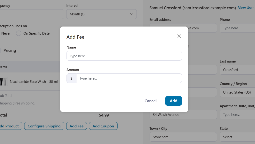 add fee to woocommerce subscription with sublium