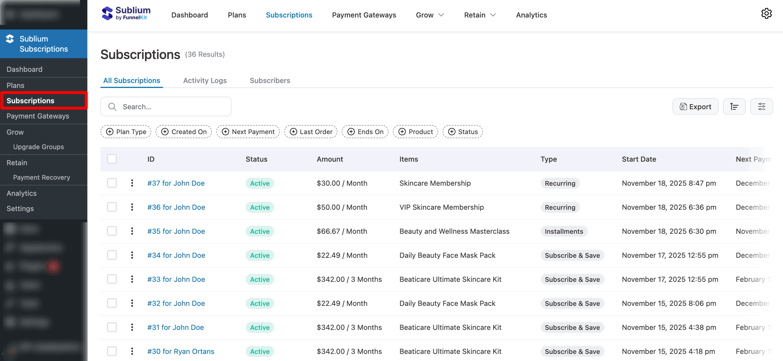 all subscription overview