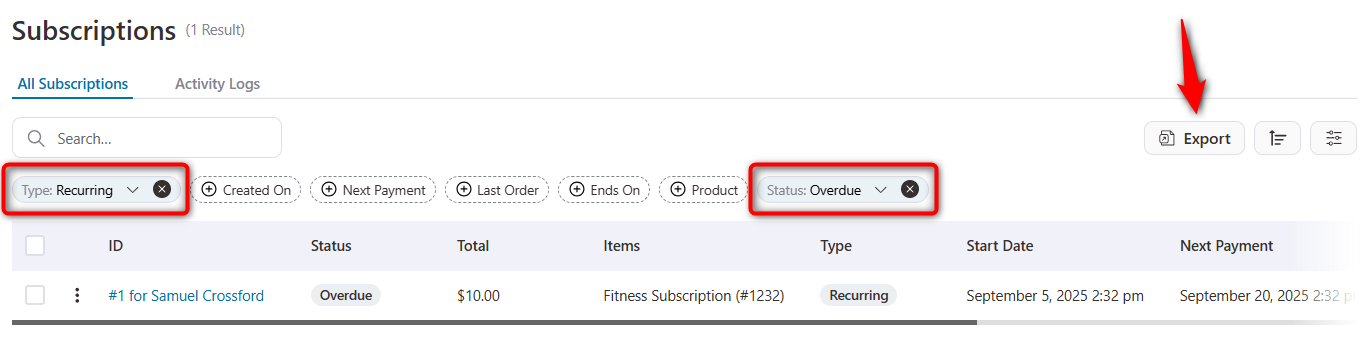 apply filters and export woocommerce subscriptions with sublium