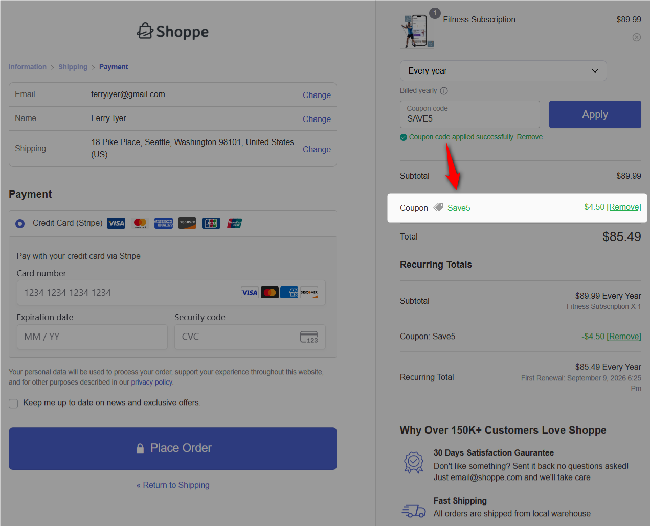 apply recurring percentage subscription coupon on checkout