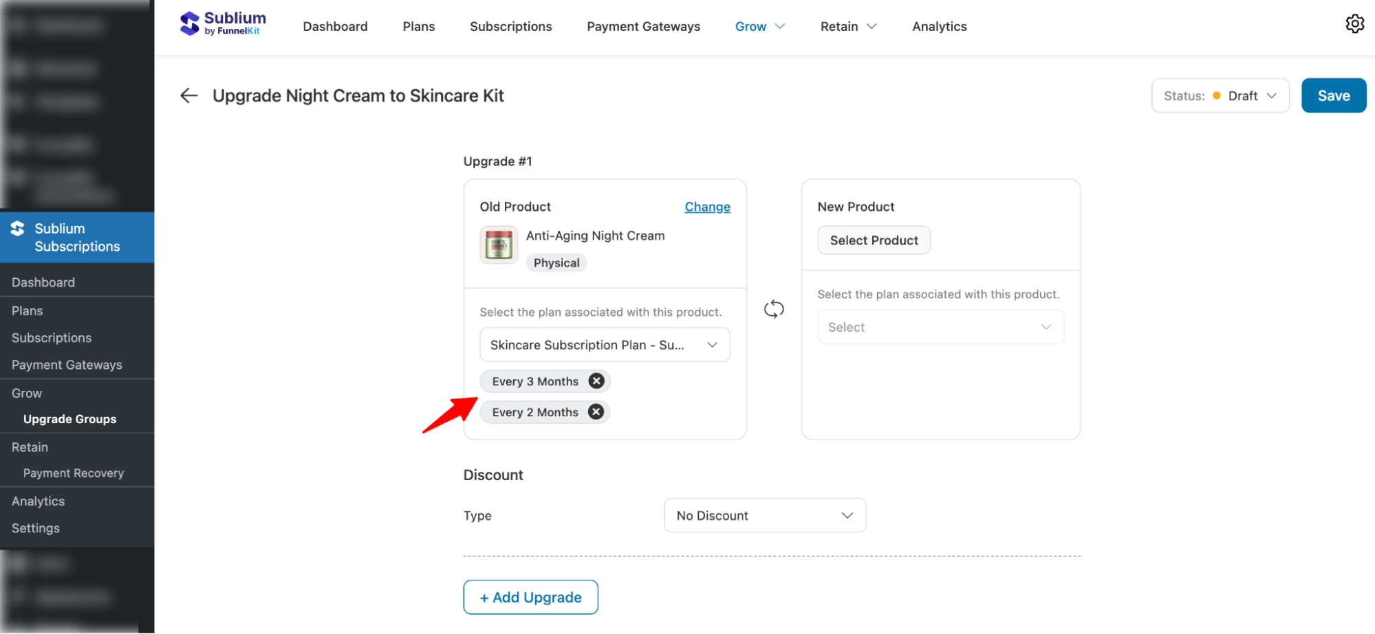 choose selling plans for old product in upgrade groups