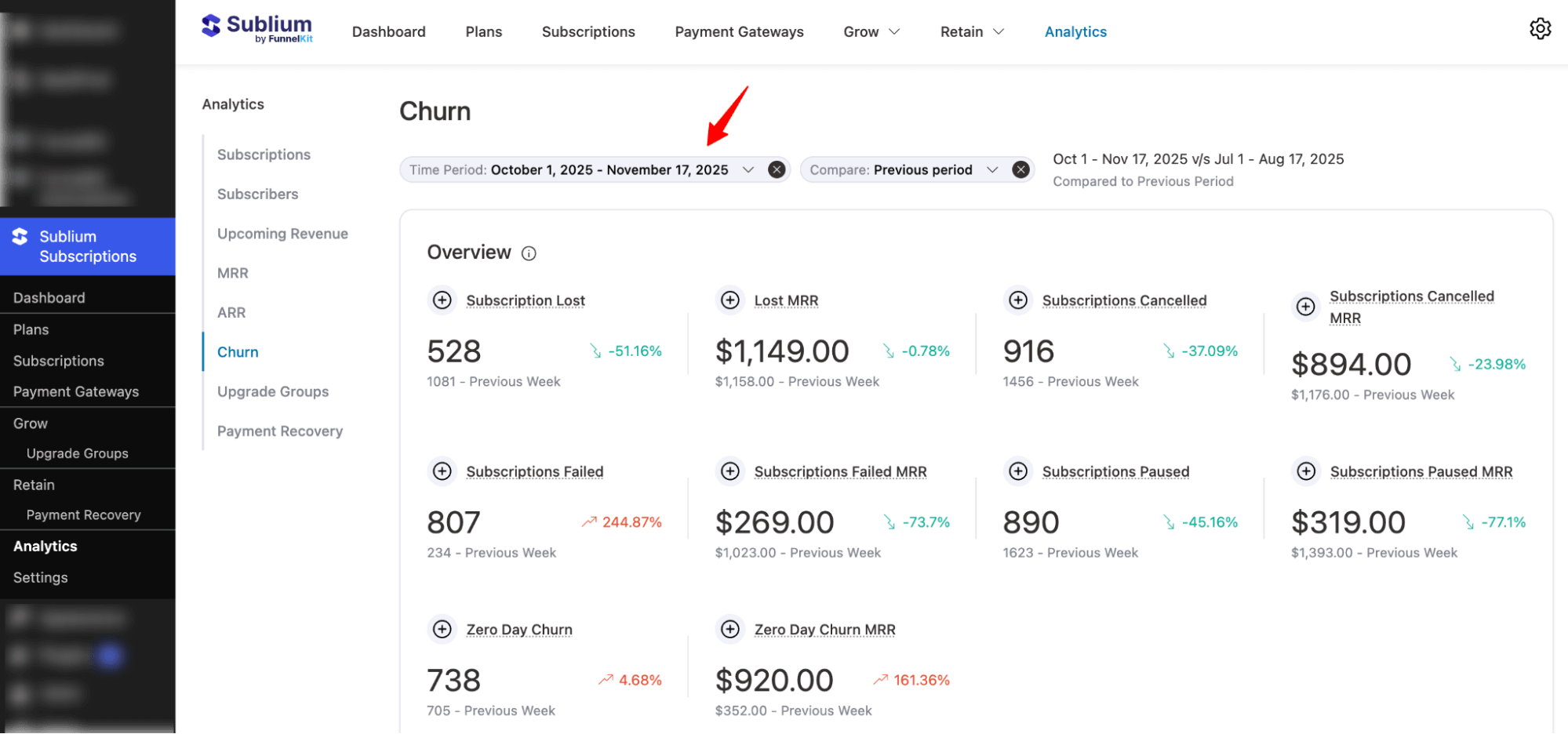 churn for custom date comparison