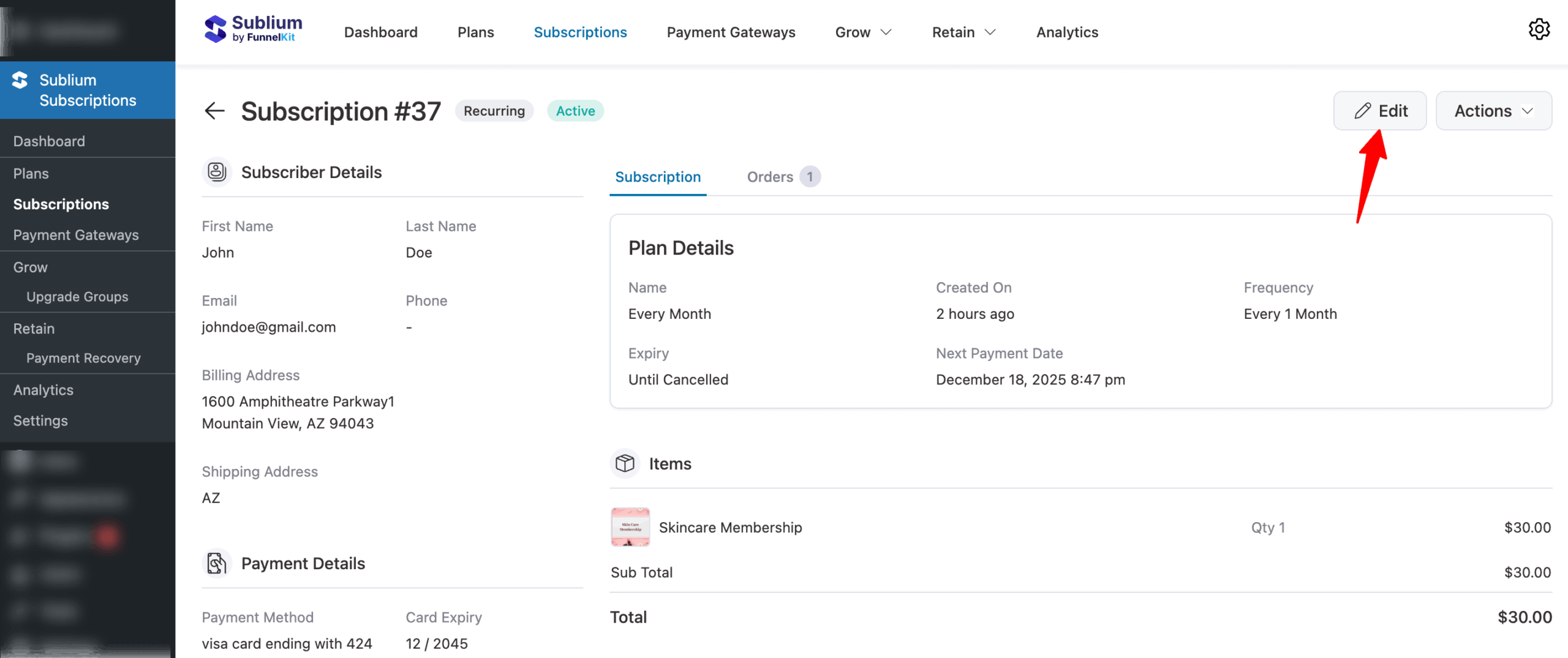 click Edit to update subscription info