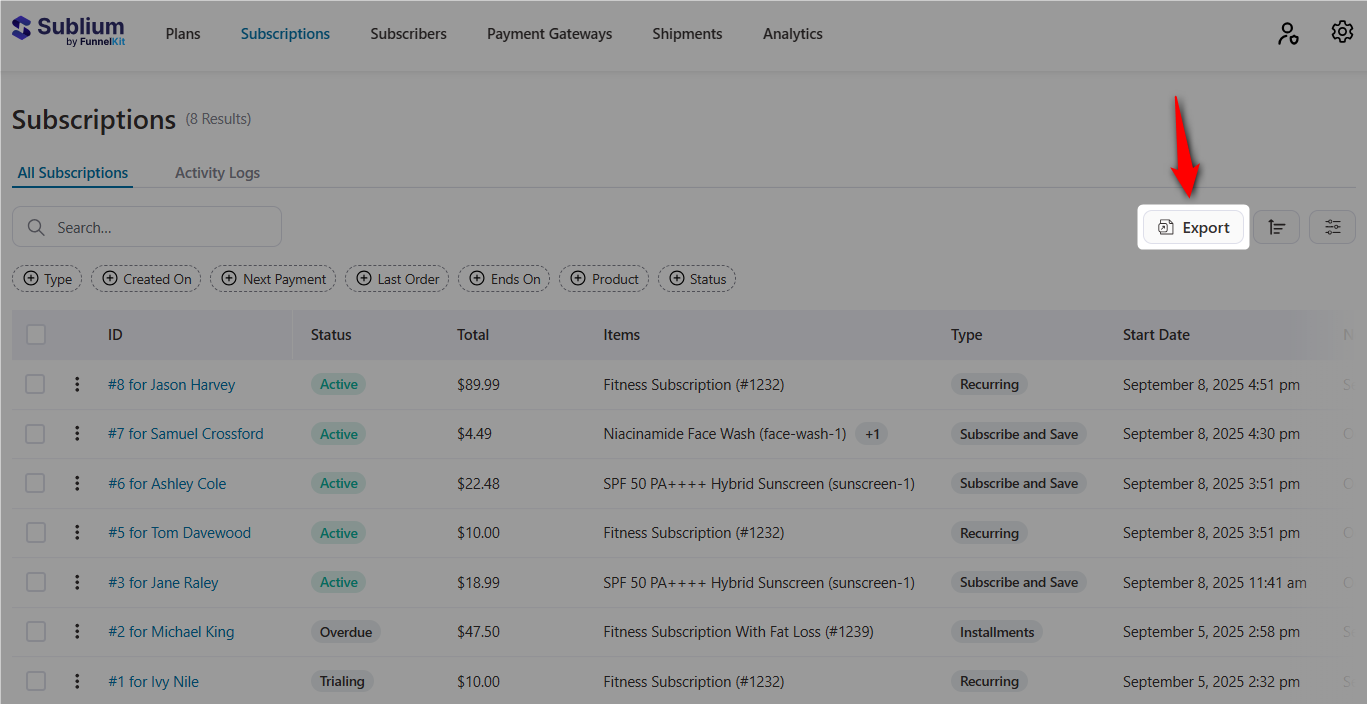 Export subscriptions in woocommerce with sublium