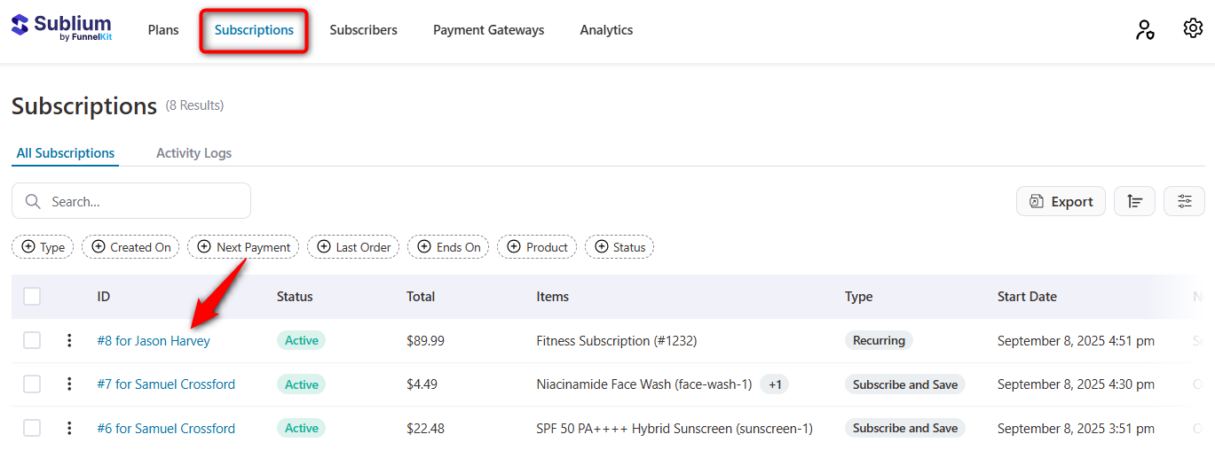 click on subscription id to edit any woocommerce subscriptions in sublium