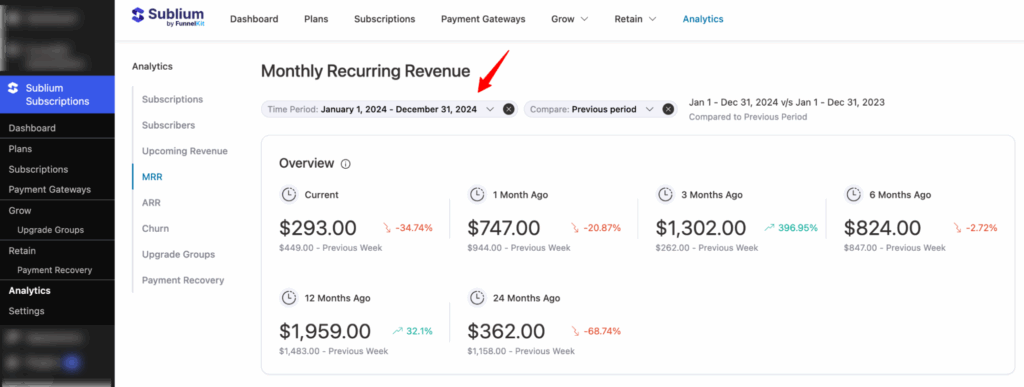 compare Monthly Recurring Revenue of two dates