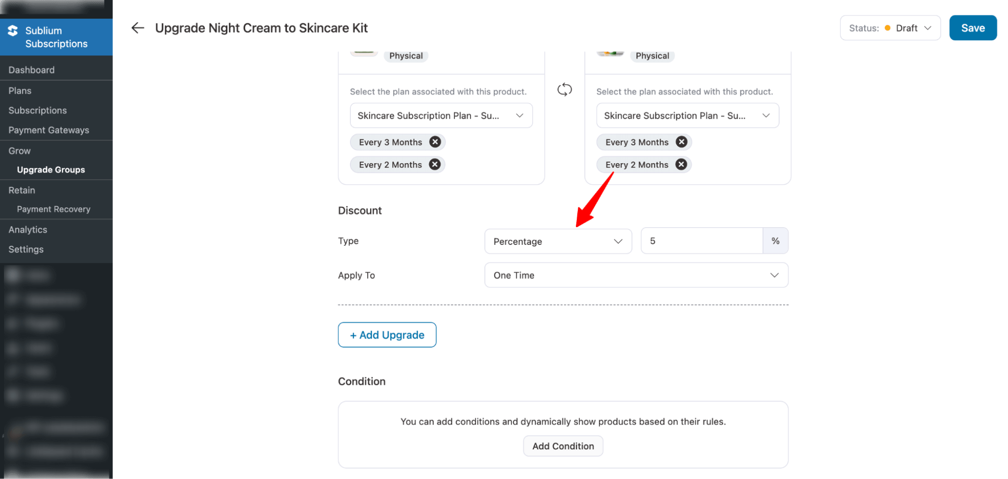 discount upgrade groups in Sublium Subscriptions