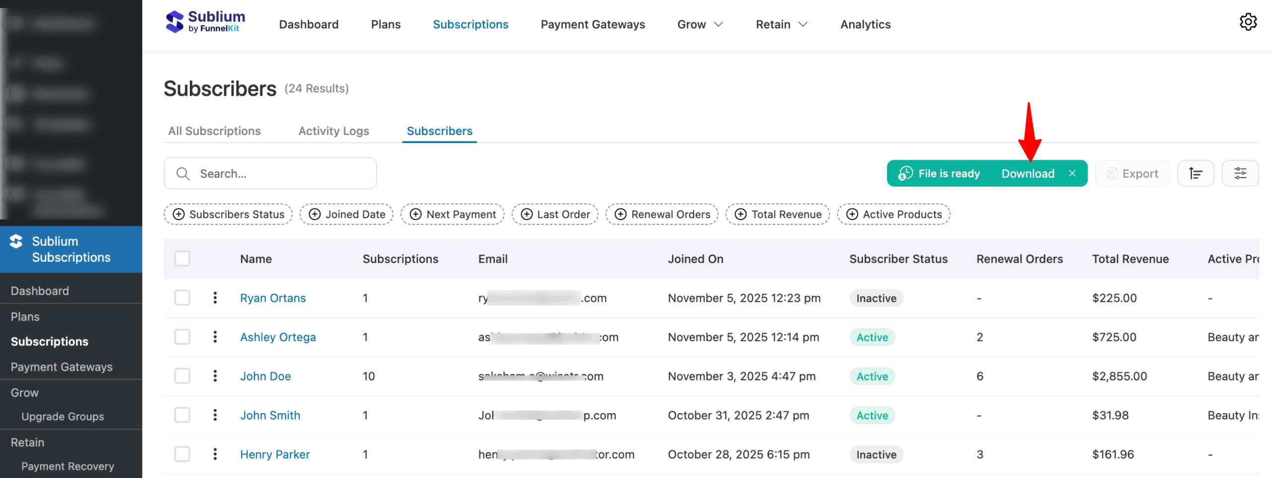 download all subscribers data