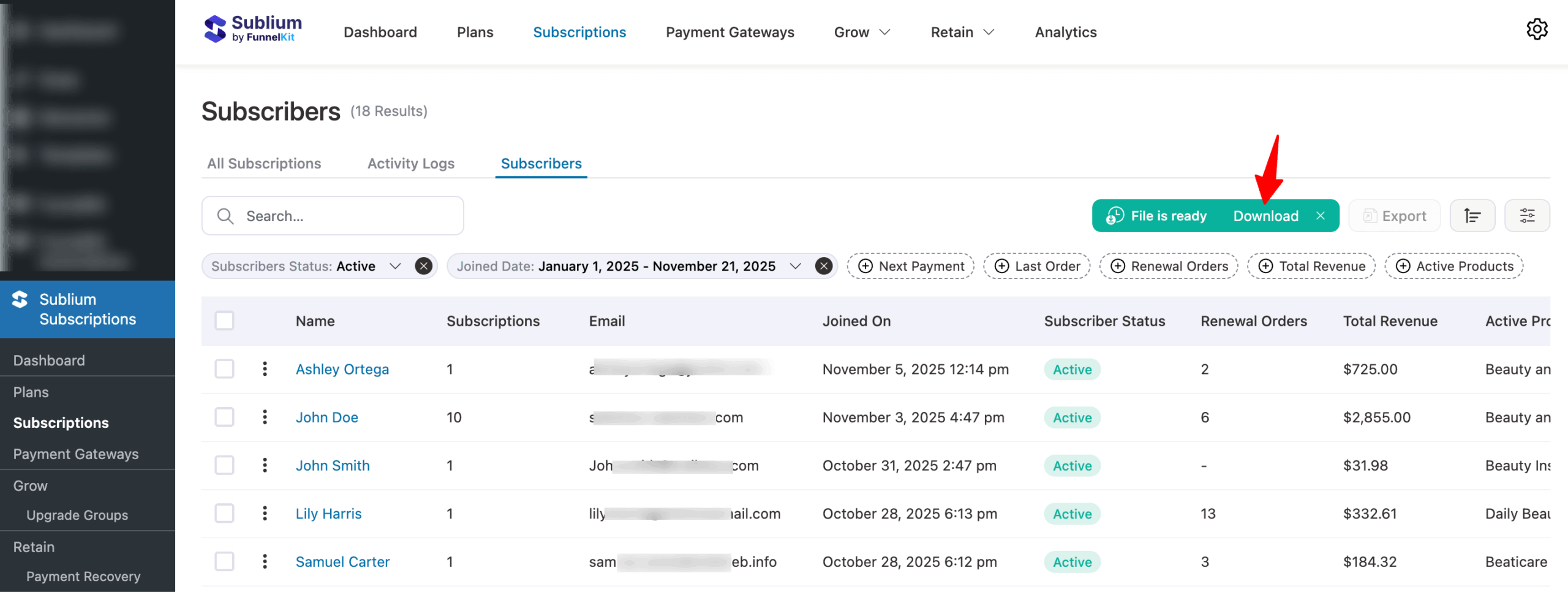 download filtered subscribers data