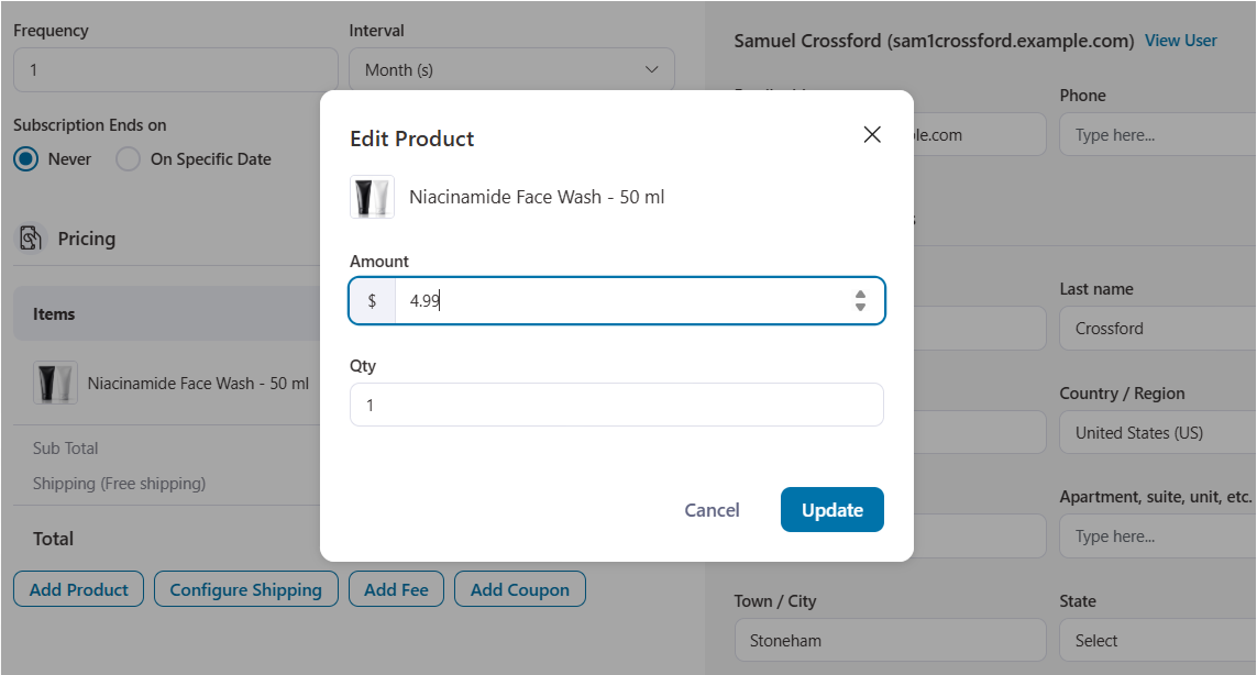 edit product amount and quantity in woocommerce subscription with sublium