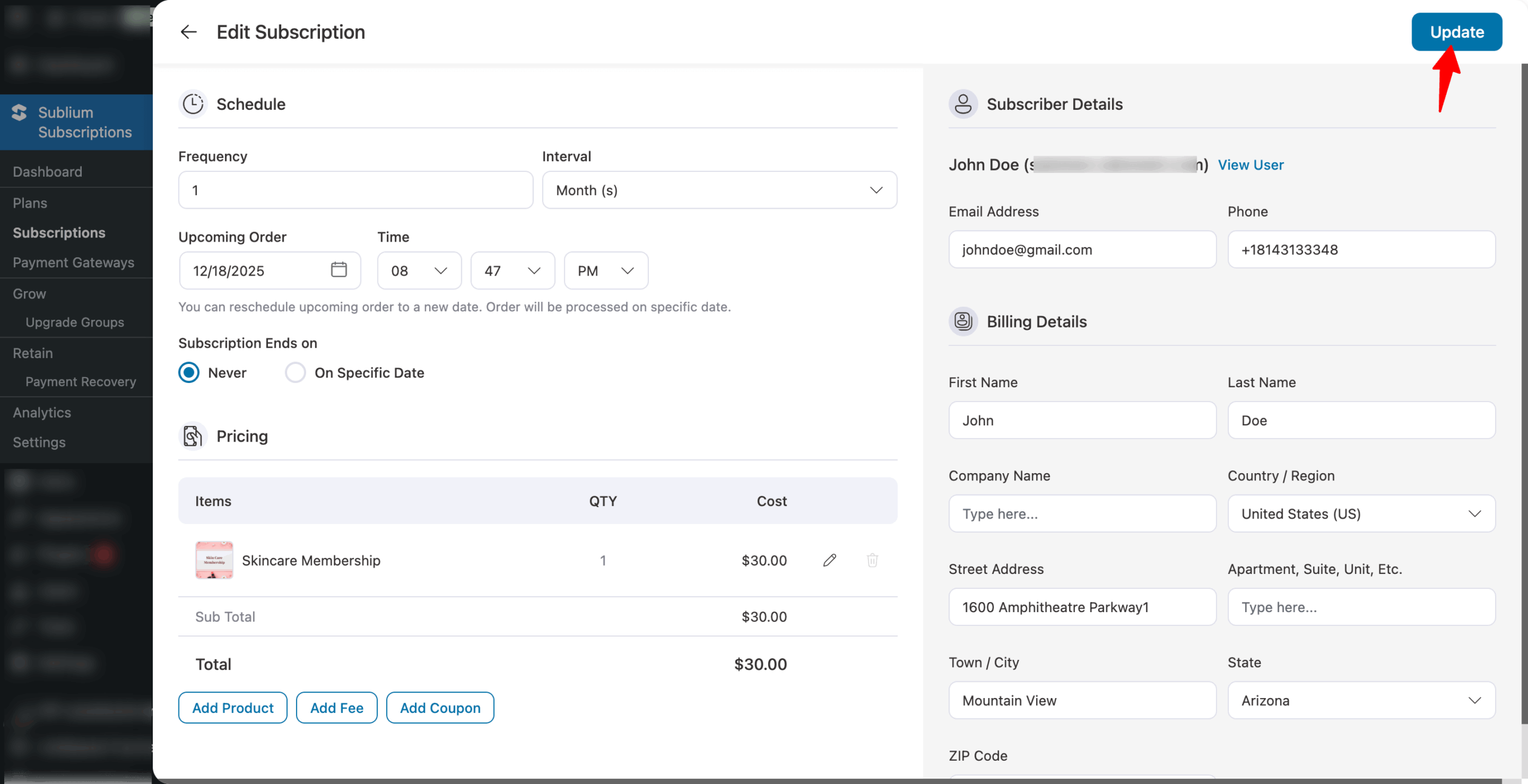 edit subscription detail and update