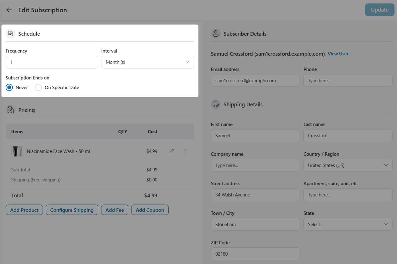 edit woocommerce subscription schedule in sublium