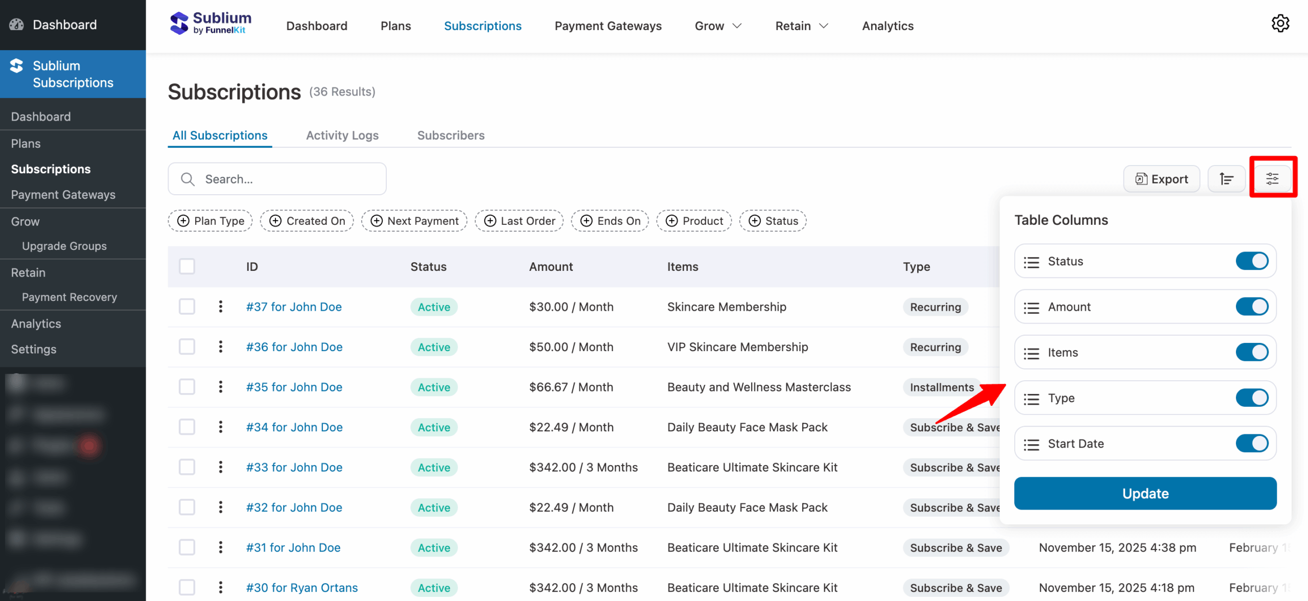 enable or disable columns for subscription overview