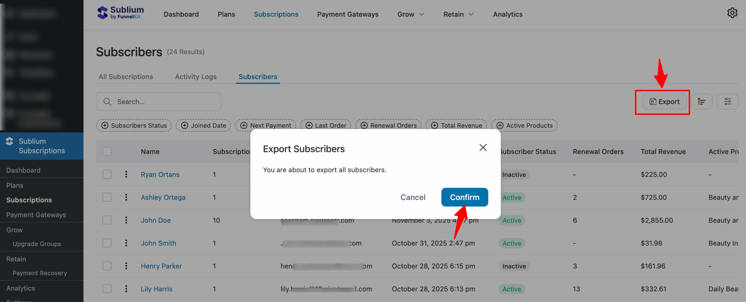 export all subscribers data