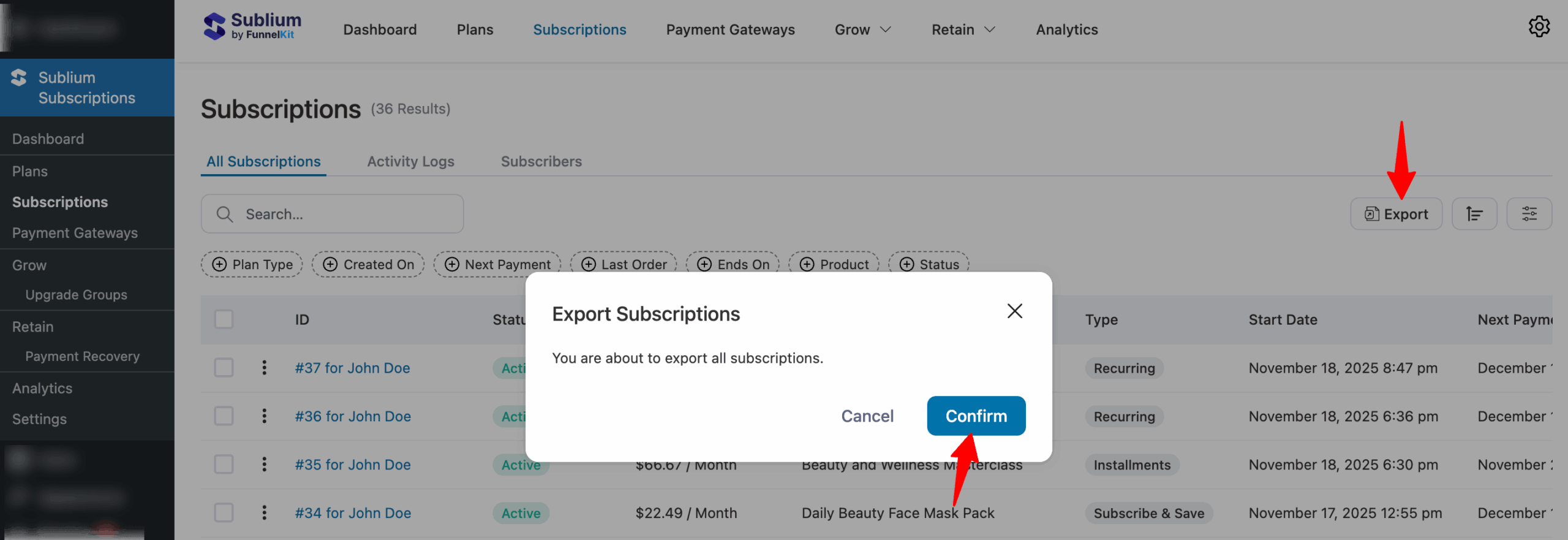 export all subscriptions once