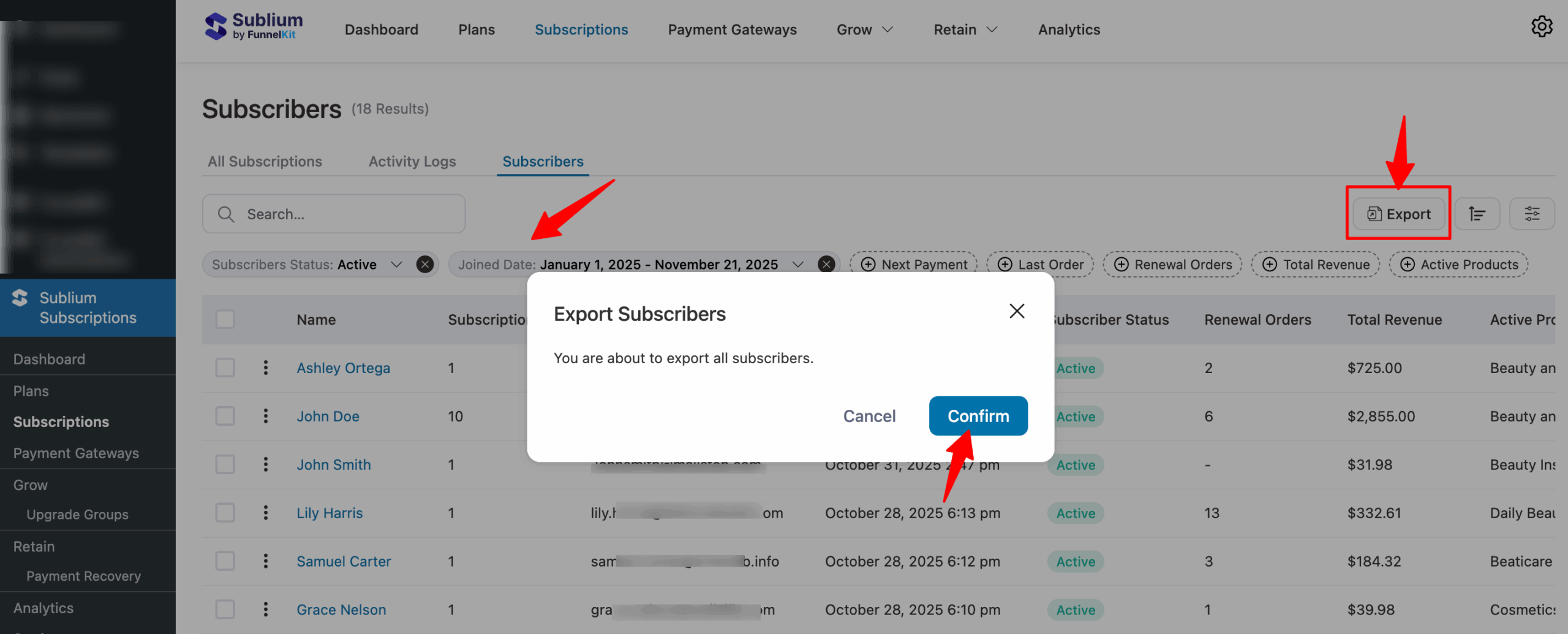 export filtered subscribers data