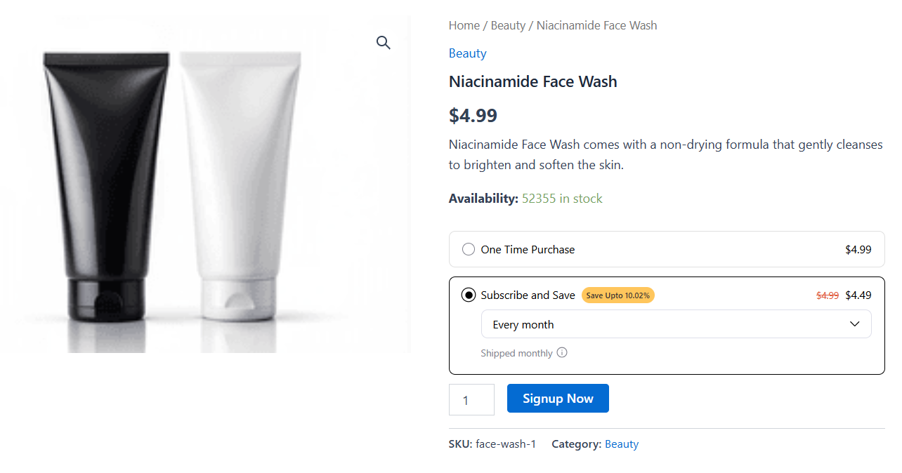Here's how the subscribe and save product subscription plan looks on the frontend