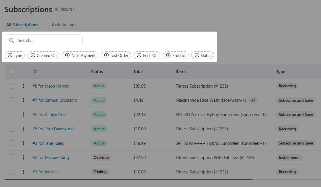 Filter option in Sublium