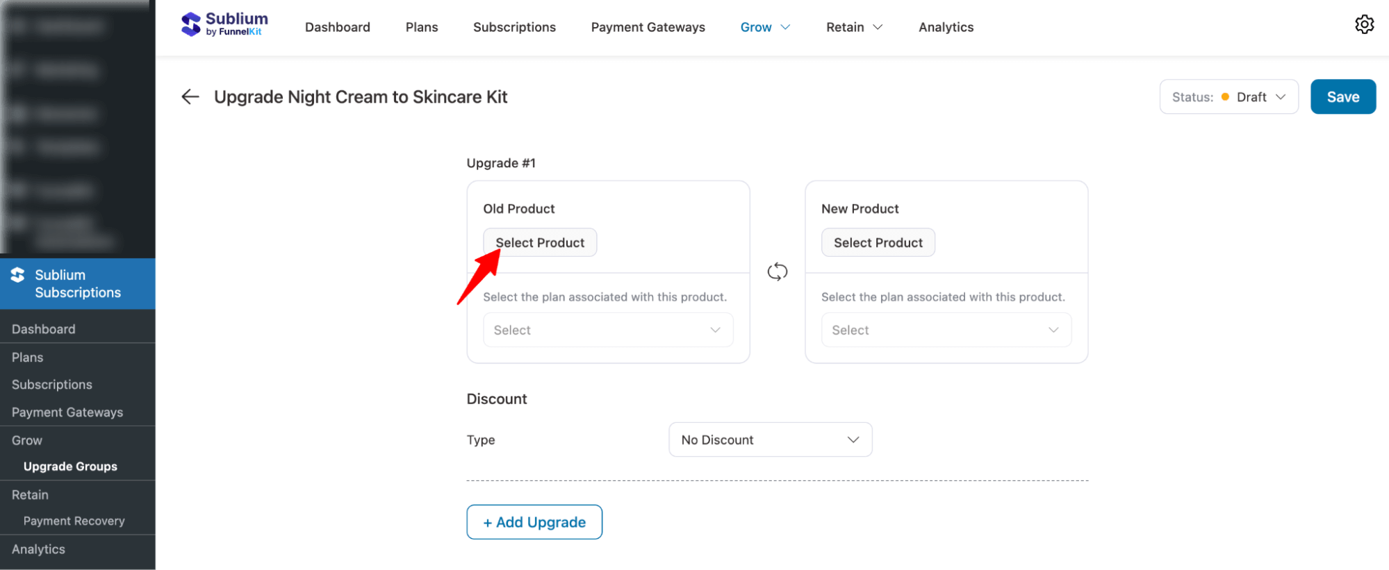 hit select product to add old product