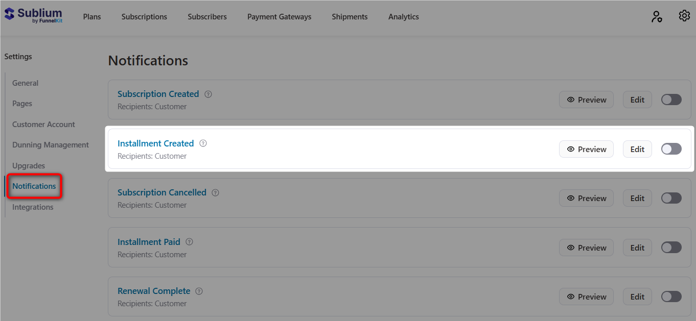 Installment created email notification in Sublium