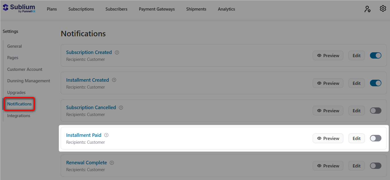 woocommerce installment paid email notification in sublium