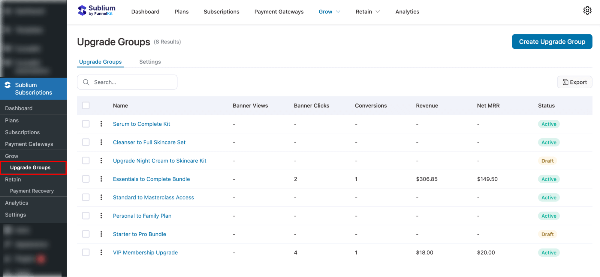 navigate to Upgrade Groups in Sublium Subscriptions
