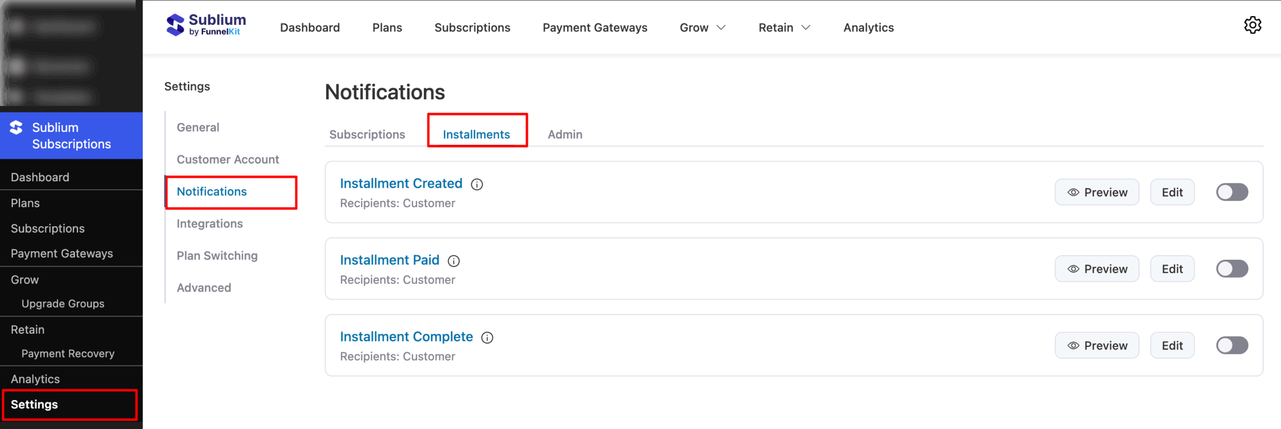 navigate to access Installment Created email notification
