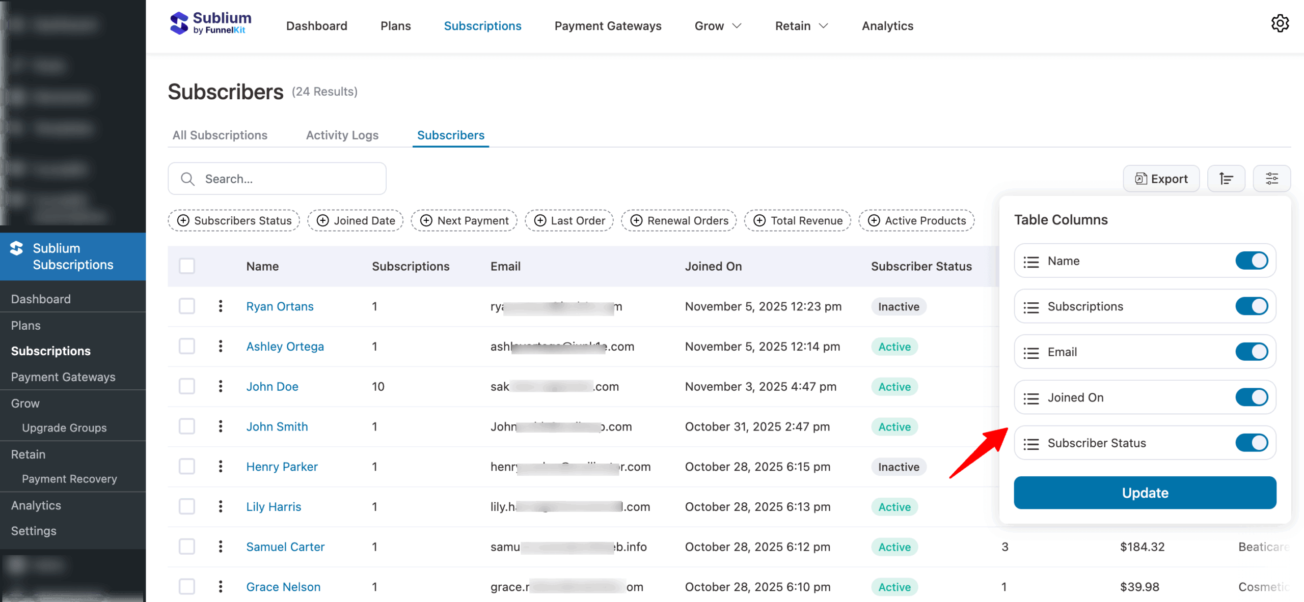 organize subscribers table data