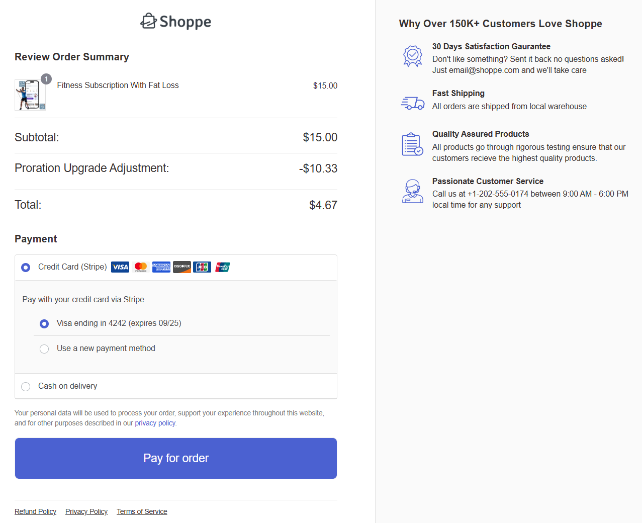 checkout page with the product upgrade and proration adjustment
