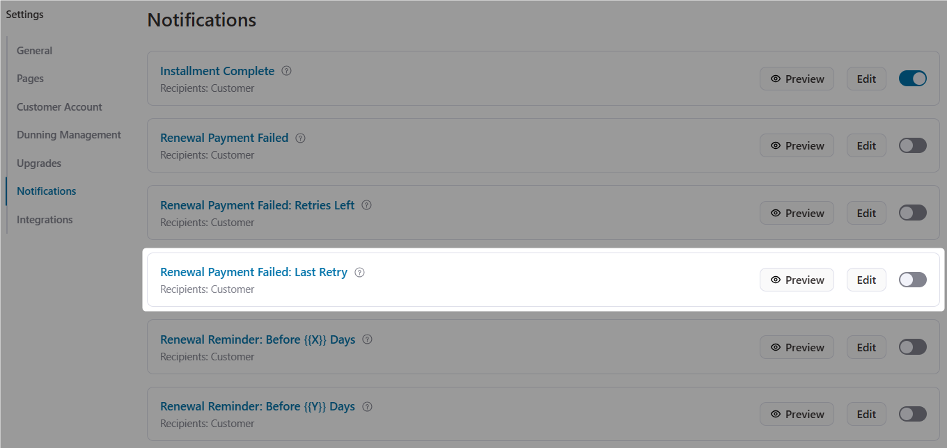 Renewal Payment Failed: Last Retry email notification in sublium