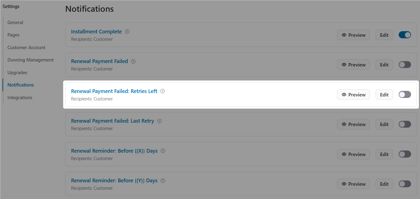Renewal Payment Failed: Retries Left email notification in sublium