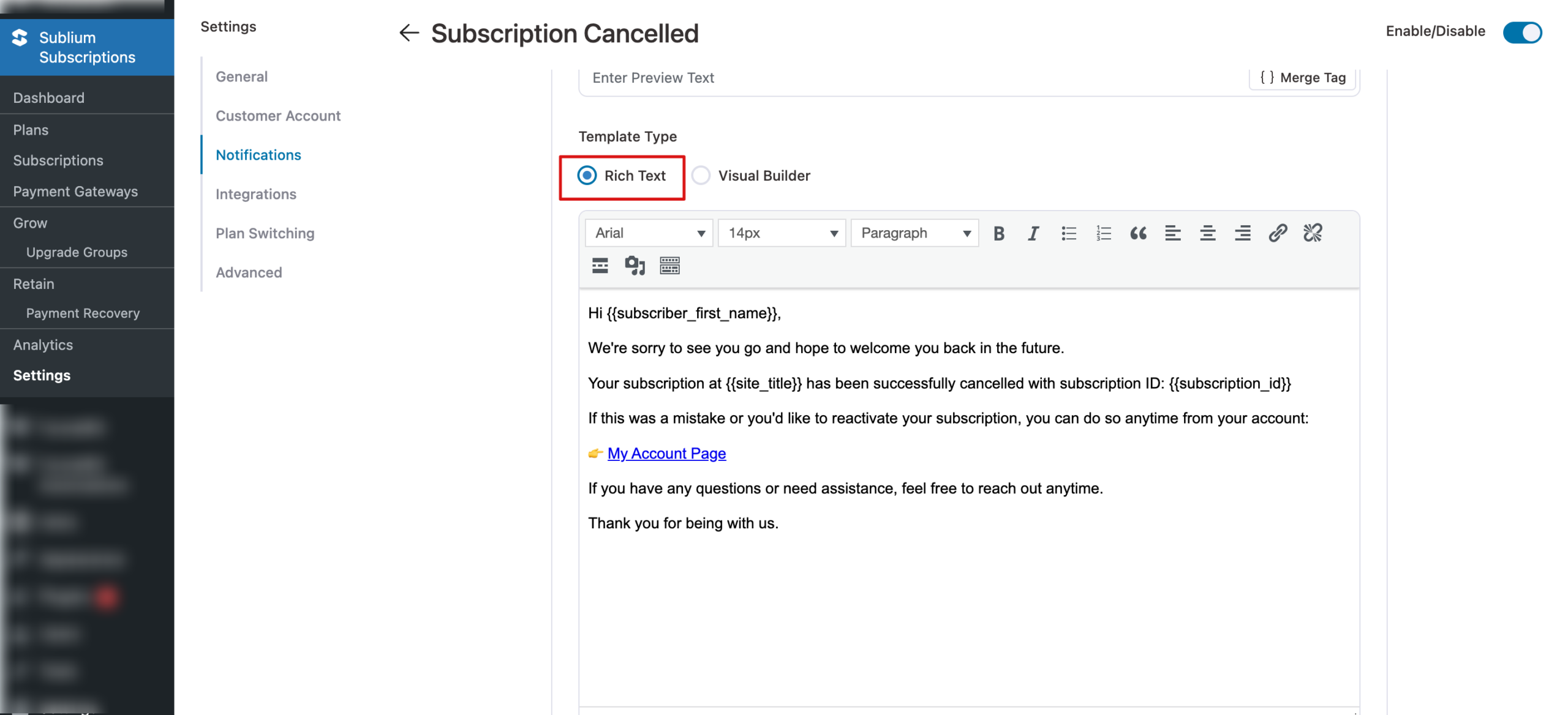 rich text editor Subscription Created email