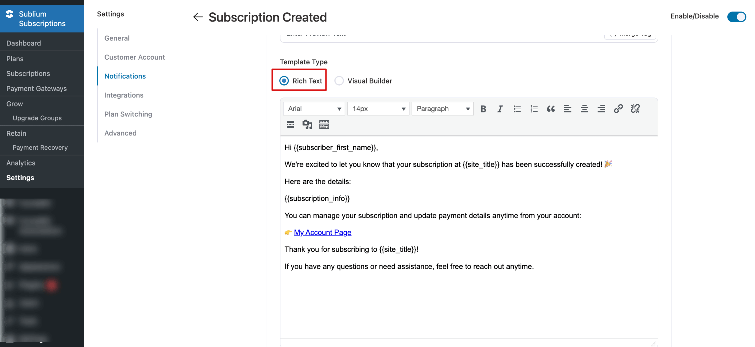 rich text editor subscription created