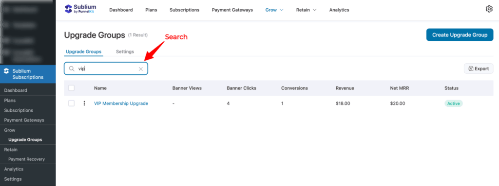 search Upgrade Groups in Sublium Subscriptions
