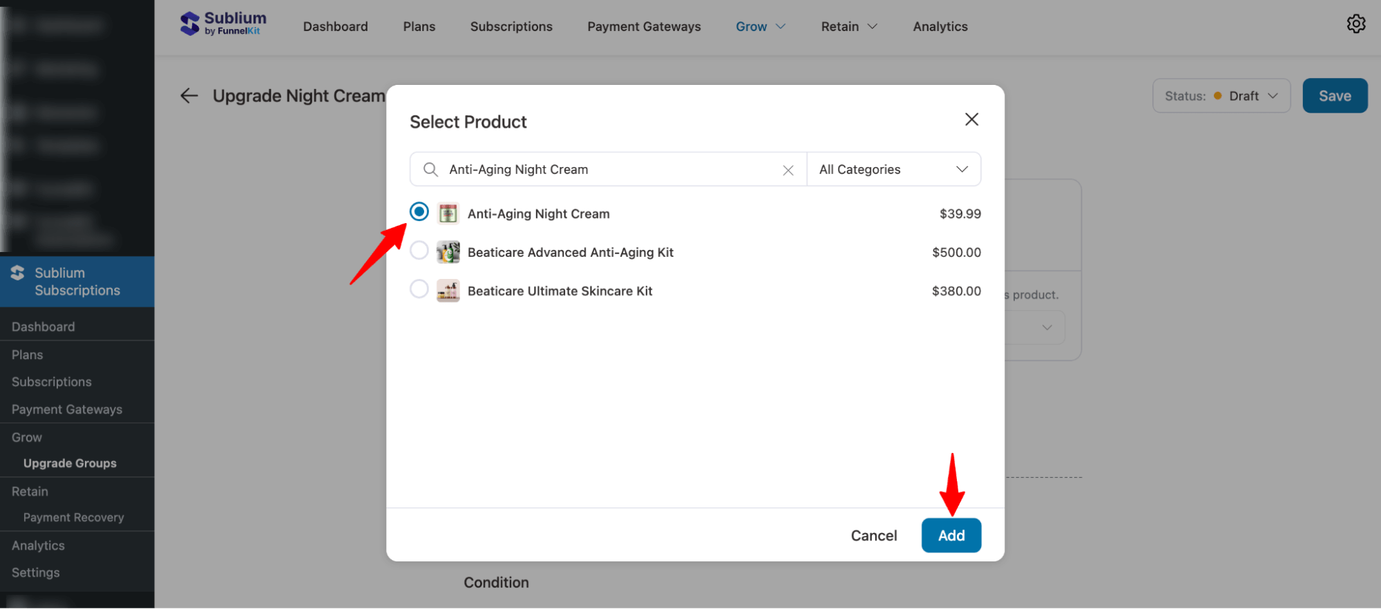 search and add product to upgrade group
